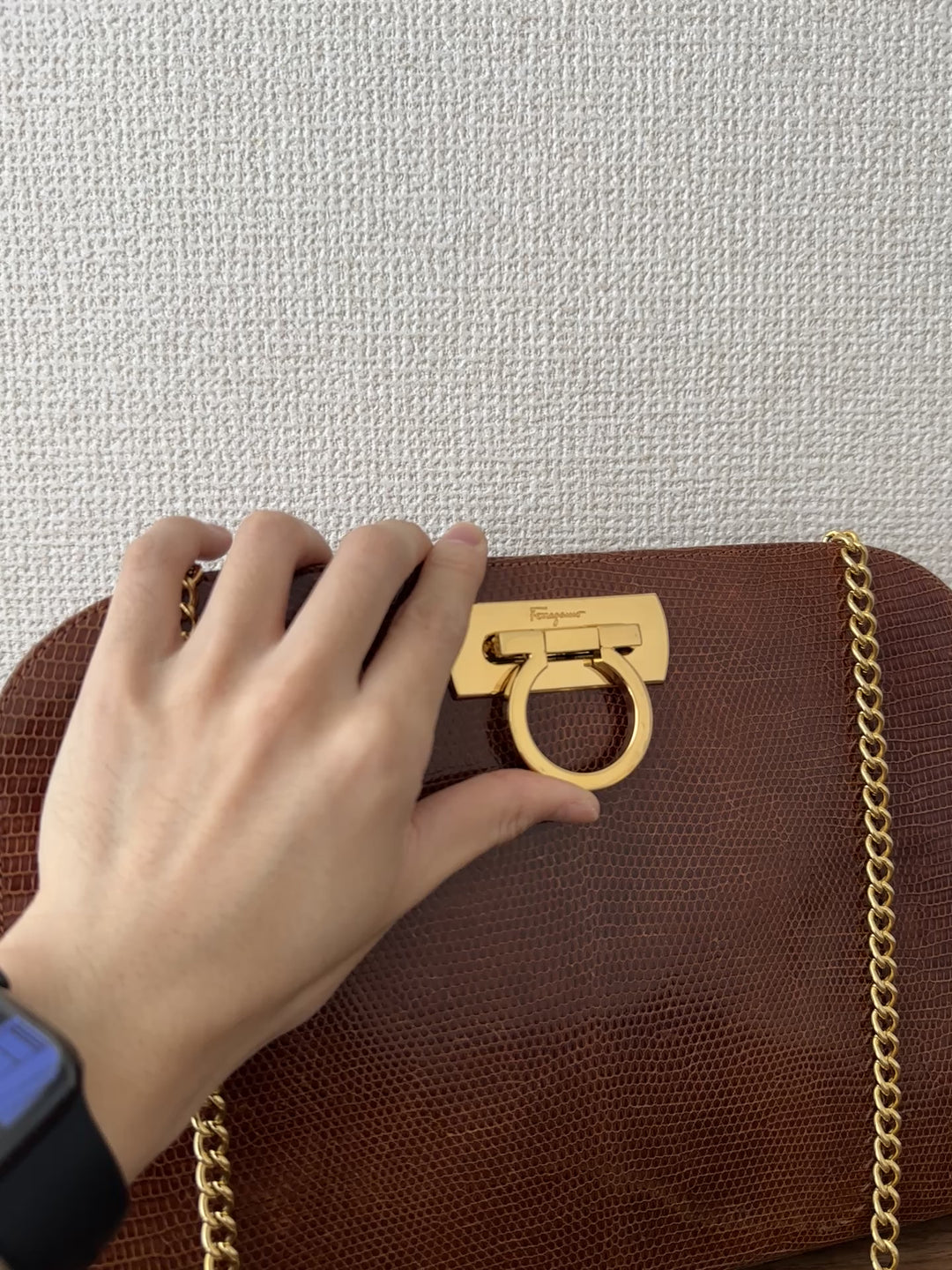 Salvatore Ferragamo Lizard Leather Chain Shoulder Bag 🤎✨ Excellent Condition | Timeless Elegance