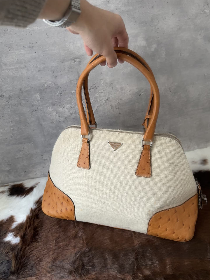 Prada “Canvas & Ostrich Leather Alma Bag” 🤎✨ | Ultra-Rare Exotic Trim • Key Lock • Shoulder-Friendly