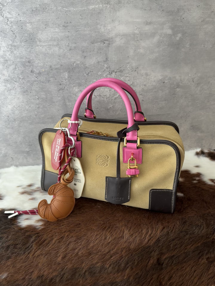 Loewe Amazona 28 Limited Teddy Bear 🤎🧸🎀｜Suede & Leather Colorblock × Pink Handles × Key & Lock