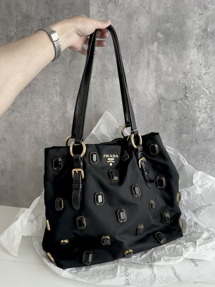 PRADA Black Gemstone Tote – Allover Sparkle × Glazed Leather Handles 🖤