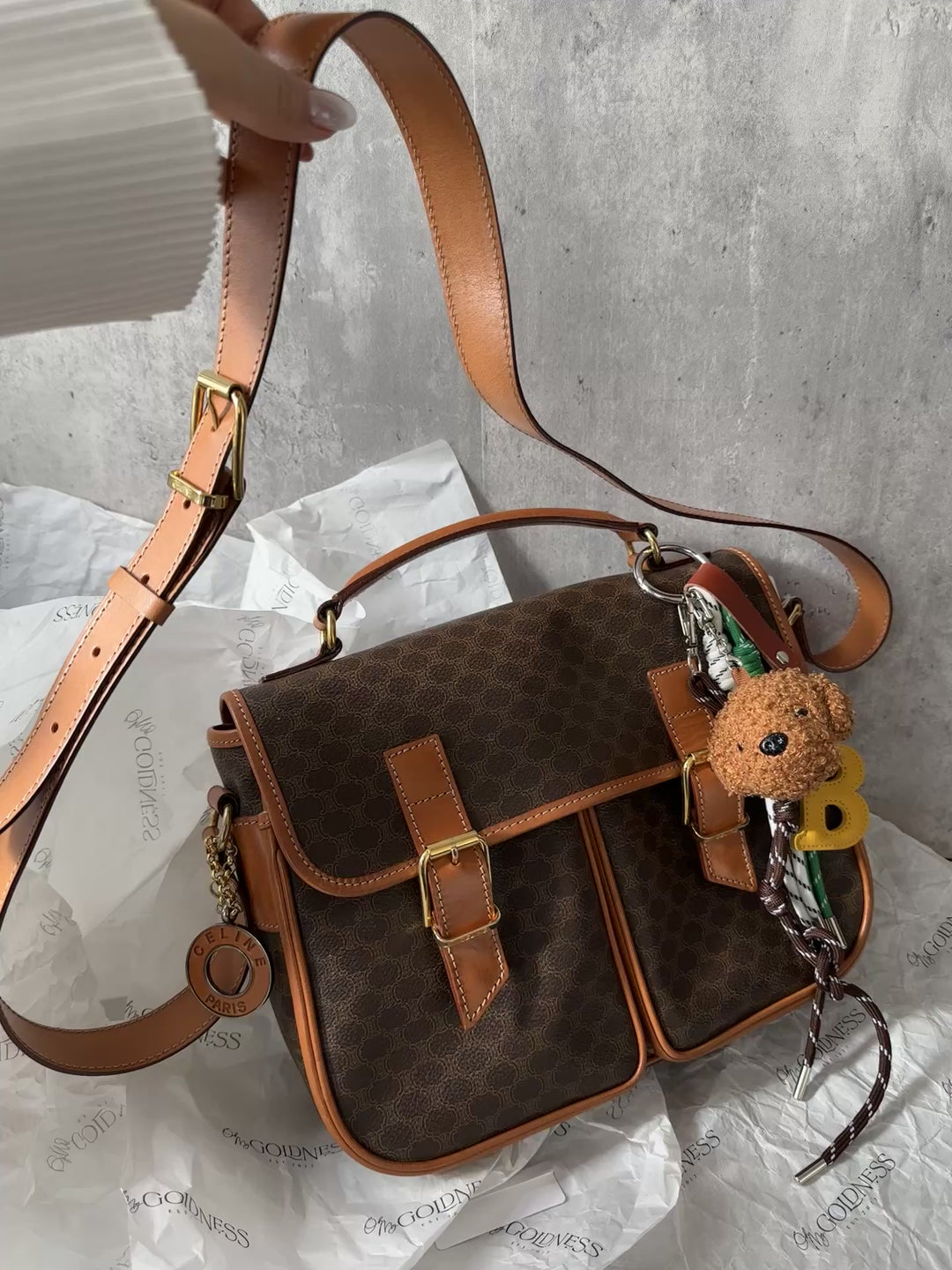 CELINE Double Pocket Messenger Bag with Gold Ring – Macadam Canvas × British School Charm