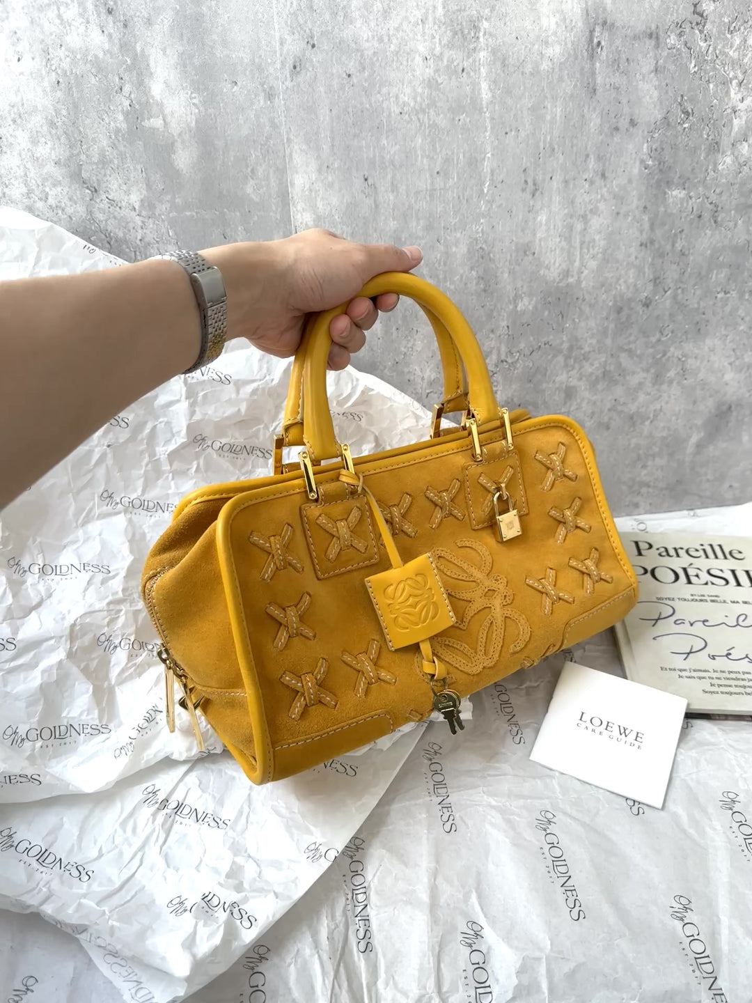 LOEWE Anagram Suede Satchel — Mustard Yellow ✨ Statement Vintage | Embroidered Detailing