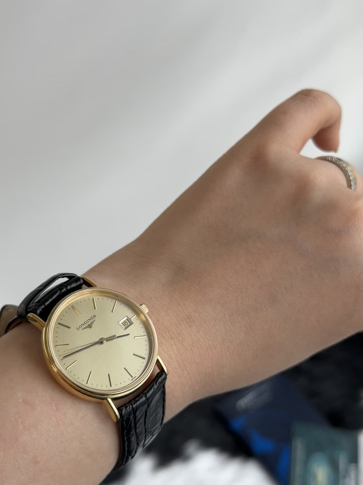 LONGINES Vintage Large Dial Watch ✨｜Guarantee Card × Gold-Tone Dial × Black Leather Strap
