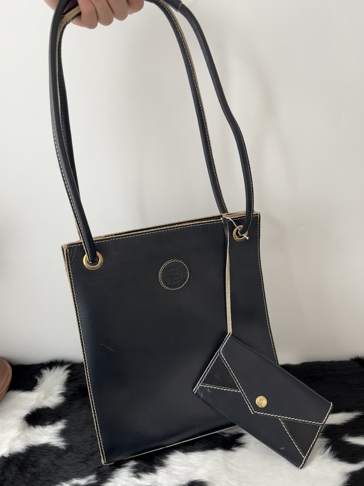 Fendi “Vintage Black Shoulder Bag + Mini Pouch Set” 💙 | Slim, Chic & Perfect for Daily Use