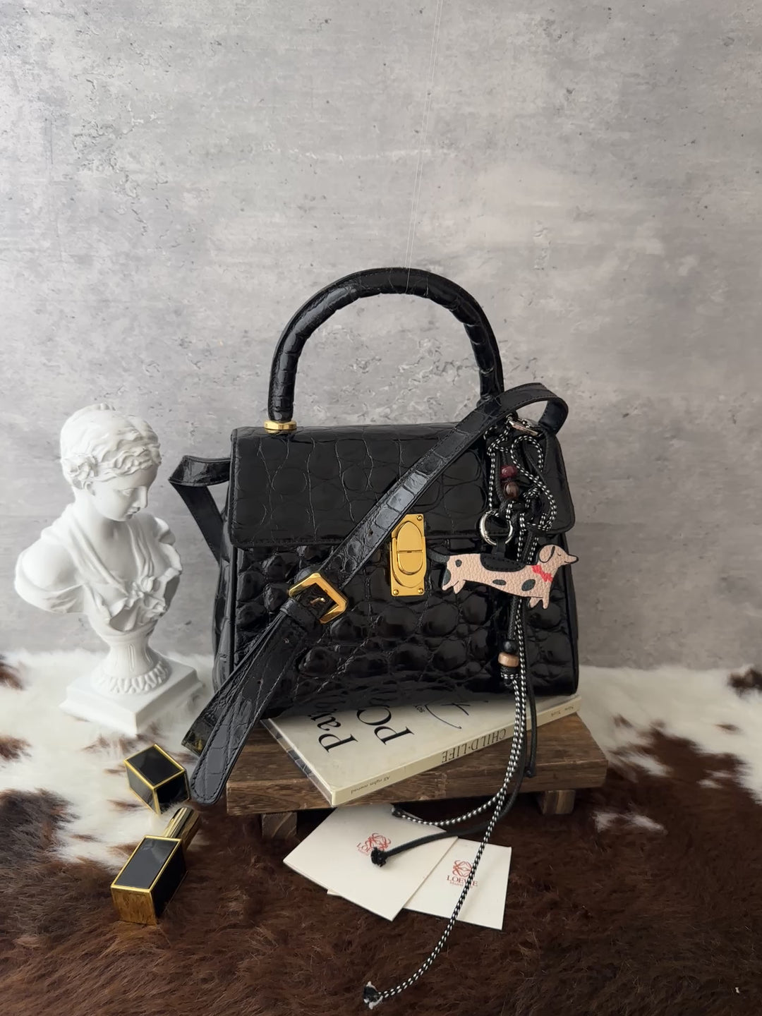 Loewe Vintage Crocodile Kelly Small 🖤｜Black Crocodile・Gold Hardware・Convertible Shoulder Bag