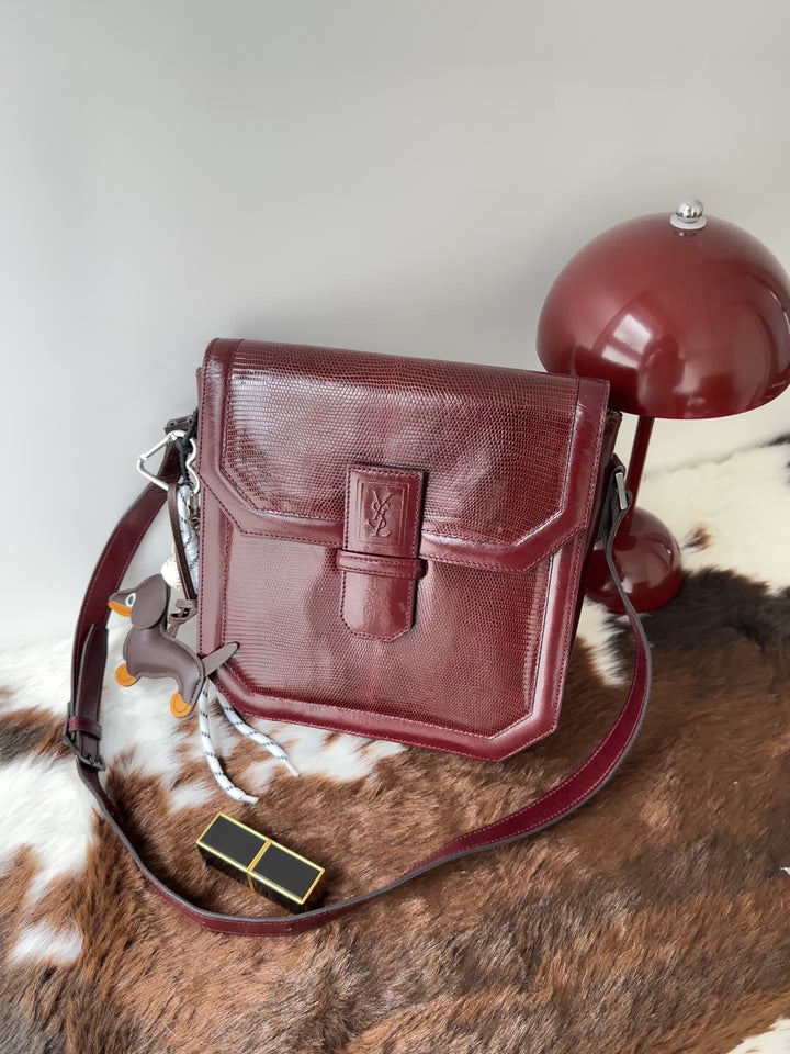 Saint Laurent Lizard Embossed Shoulder Bag ❤️｜Vintage Burgundy Tone・YSL Monogram Interior・Adjustable Strap