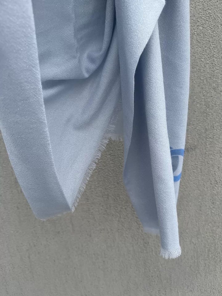 CHANEL Gradient Blue Scarf – 75% Cashmere × Subtle Silver Sparkle