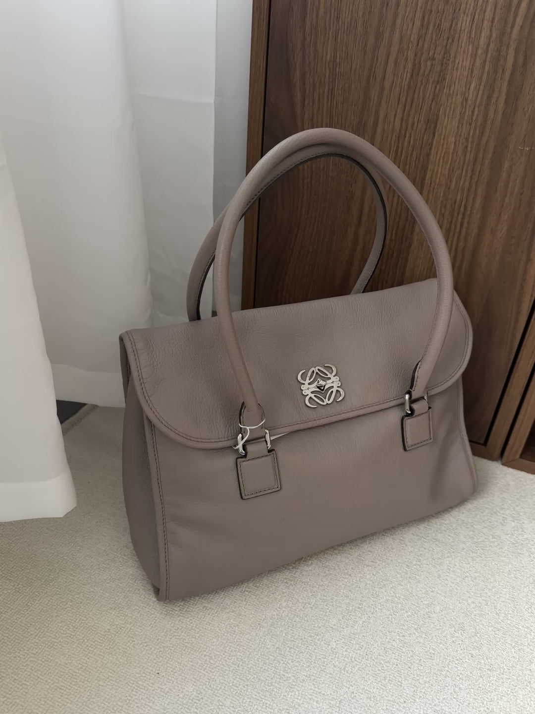 LOEWE Turn Lock Tote Bag – Taupe Leather with Silver Logo 🩶✨