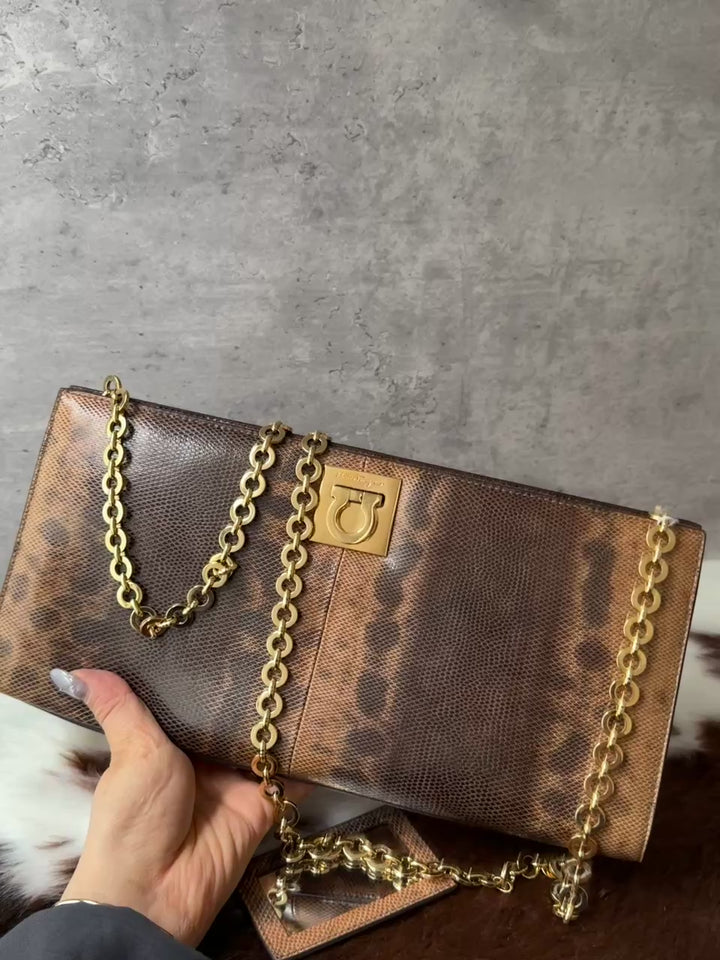 Ferragamo Gancini Lizard-Effect Chain Baguette Bag 🥖✨｜Rare Vintage Find × Gancini Chain Detail × With Mirror
