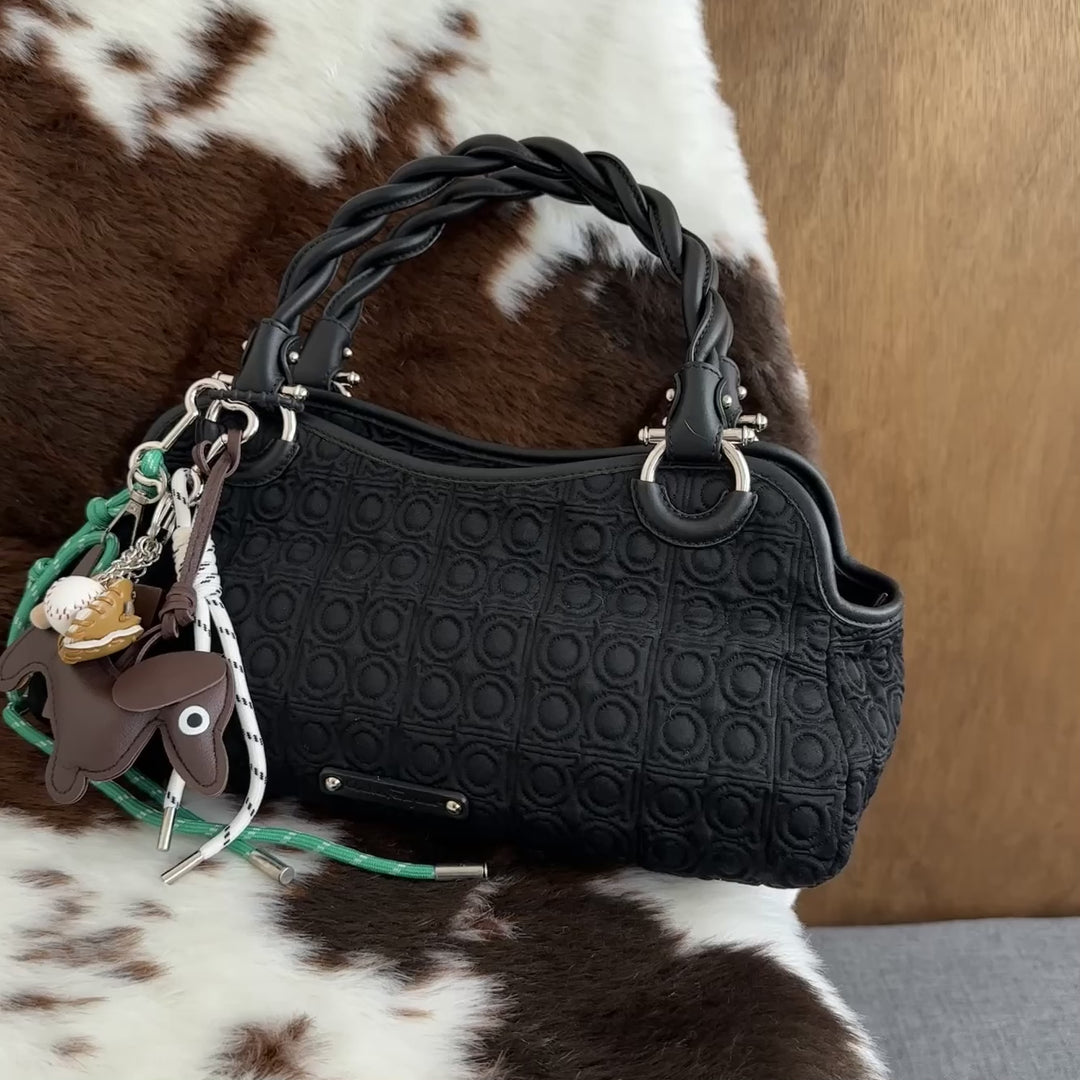 Salvatore Ferragamo Gancini Nylon Hand Bag 🖤｜Iconic Gancini Pattern × Twisted Handle Detail × Lightweight Everyday Style