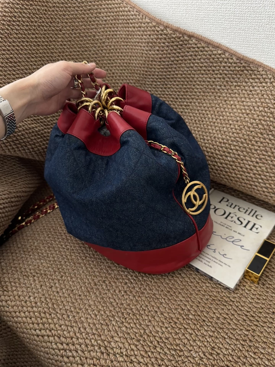 CHANEL Vintage Denim Bucket Backpack — Oversized CC Ring Logo with Red Leather Trim 🔥🖤 Casual Luxe Statement