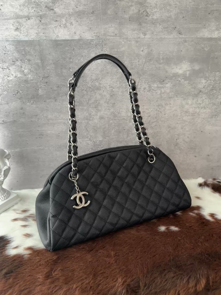 CHANEL Quilted Caviar Leather Bowling Bag 🖤｜Black &amp; Silver Hardware × Adjustable Chain Strap × Clean Condition