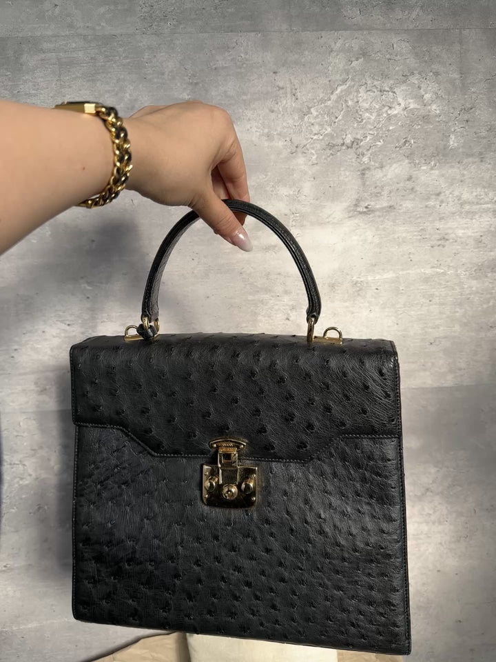 Gucci Black Ostrich Leather Padlock Kelly with Gold Hardware ✨｜Ultra-Rare, Collectible & Elegant