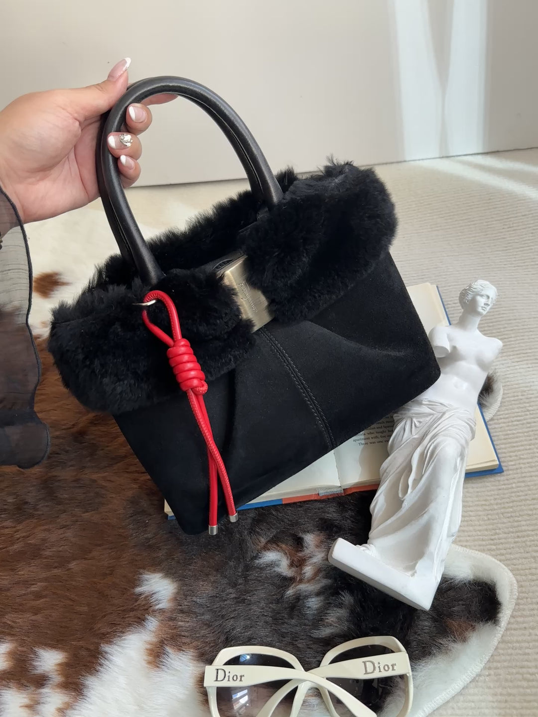 Ferragamo “So Black” Shearling Suede Tote 🖤 | Effortless Luxury with a Bold Twist