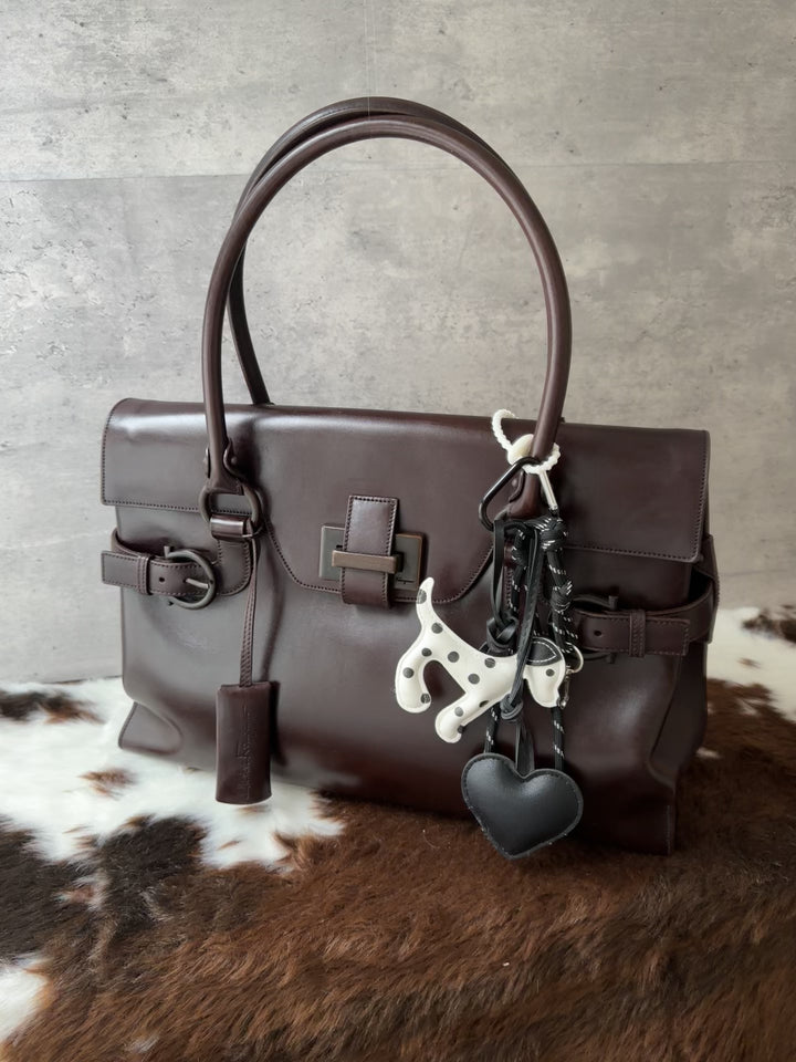 Ferragamo Gancini Dark Chocolate Brown Boston Bag 🤎｜Rare Wood-Tone Clasp × Box Leather × Vintage Character